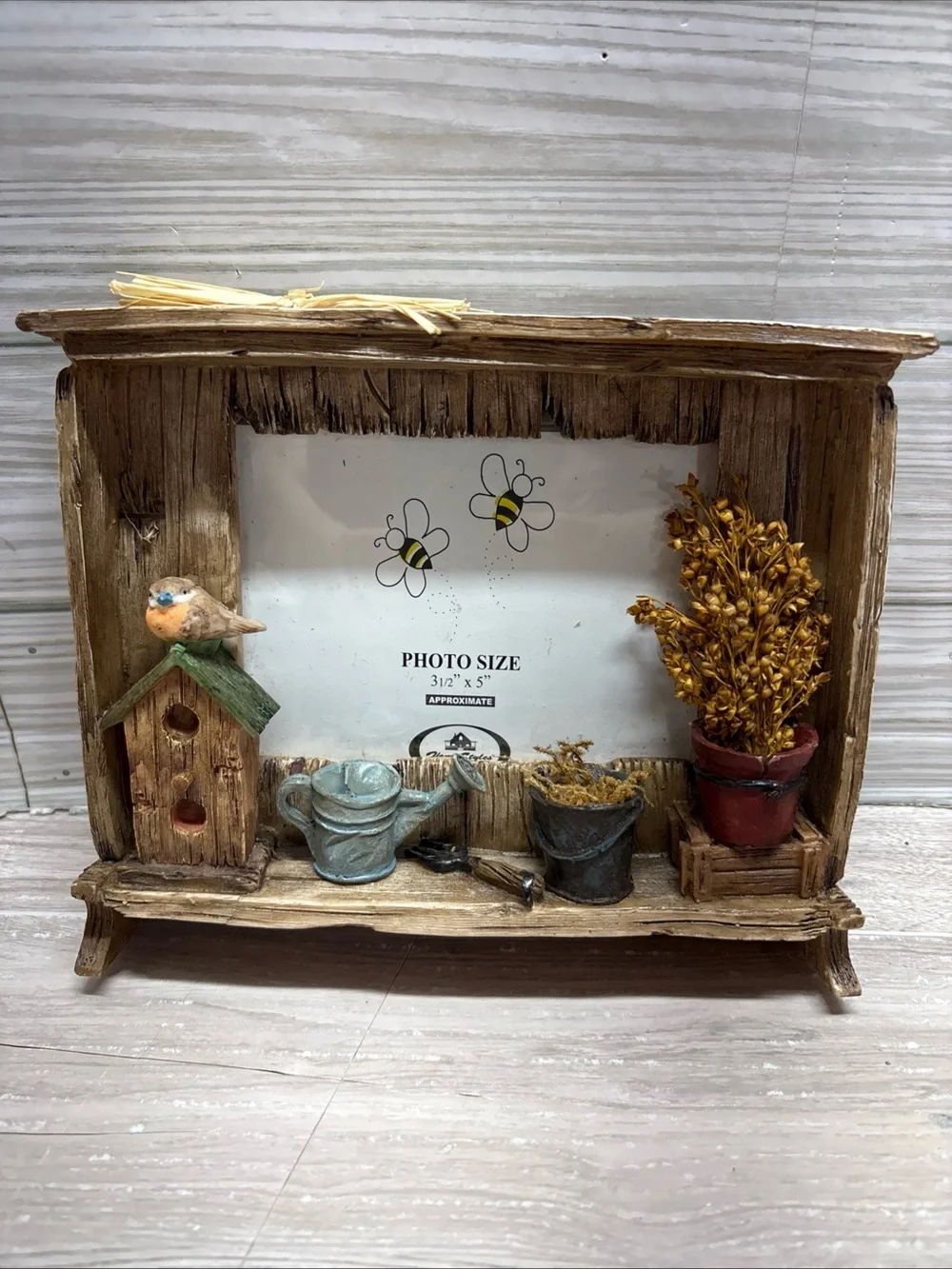Rustic Brown Farmhouse Wall Shelf Photo Frame with Birdhouse Accent